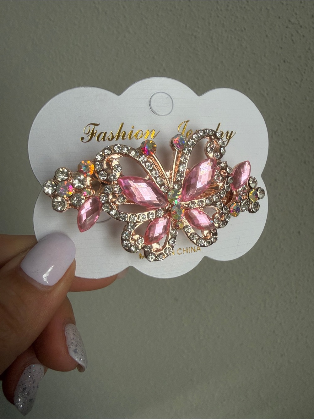 Pink Crystal Jeweled Butterfly French Barrette Hair Clip NWT